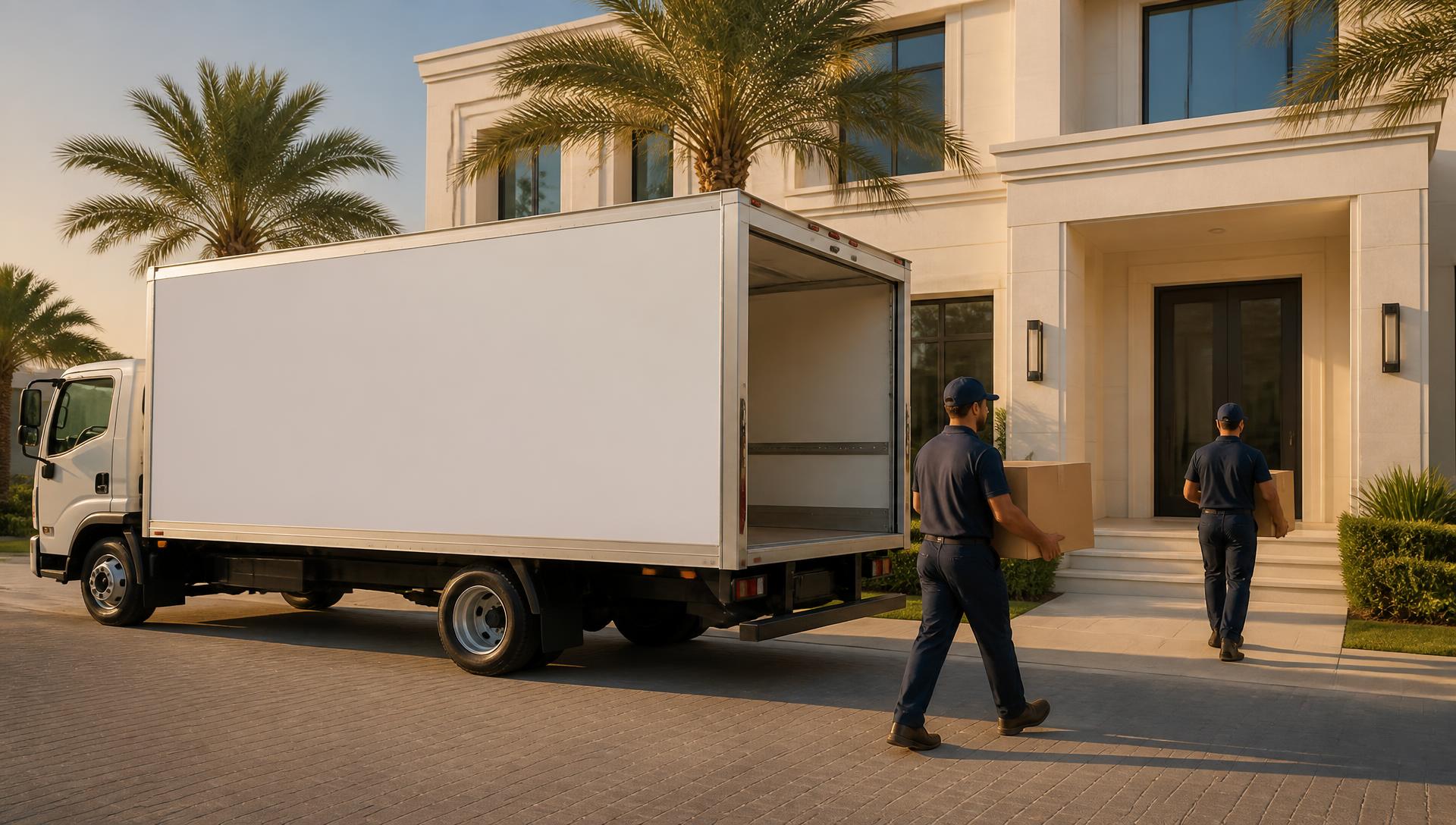 Moving truck and movers loading boxes outside a villa in the UAE