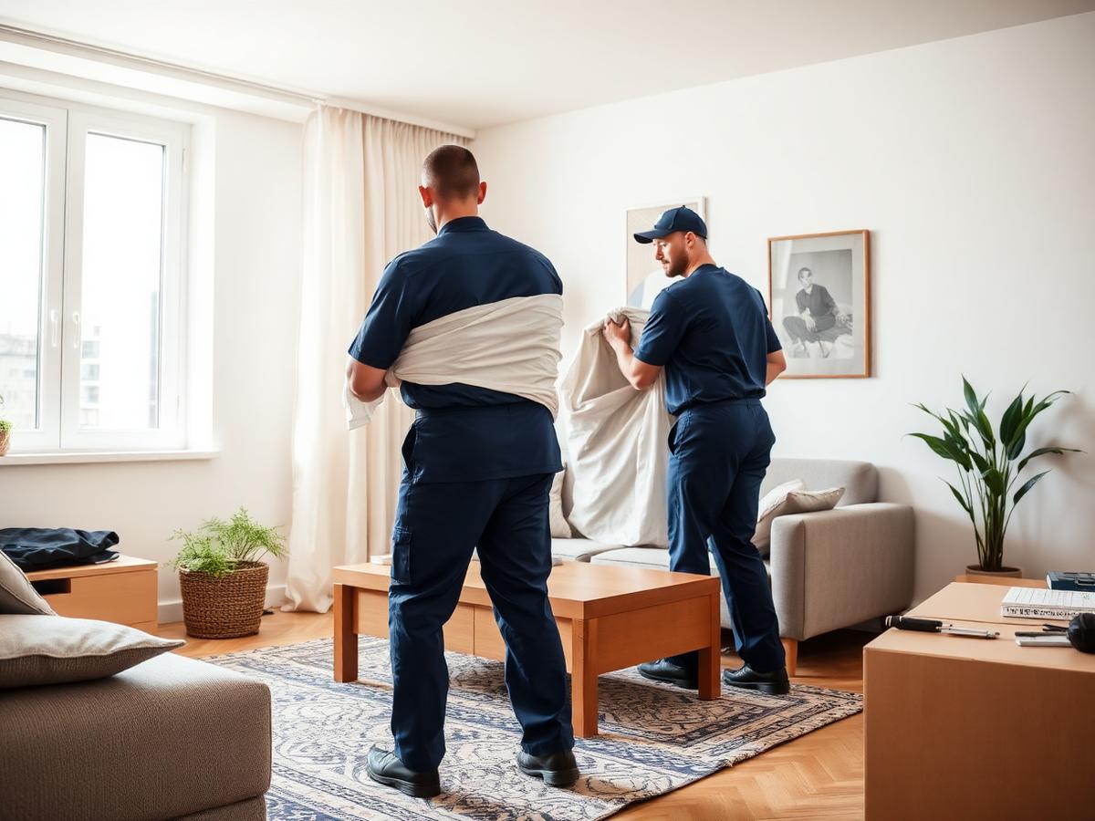 Movers wrapping furniture in protective blankets during an apartment move